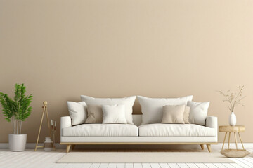 Experience the harmony of a beige and Scandinavian sofa accompanied by a white blank empty frame for copy text, against a soft color wall background.