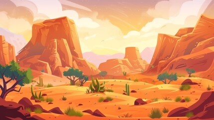 Sandstorm in the western desert. Cartoon modern illustration of rocky cliff mountains and green trees, wind, dust and smog in the air, cloudy sky with mud and dust. - obrazy, fototapety, plakaty