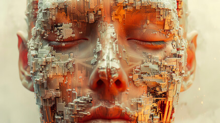 Artistic representation of a human face with intricate circuitry, symbolizing the fusion of technology and biology.
