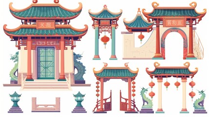 Decorative Chinese house or temple door with roof, stairs, and lanterns. Cartoon modern illustration set of an arch gate on an Asian pavilion.