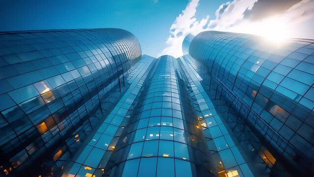 Modern glass skyscrapers with reflections under a blue sky with sun flare.