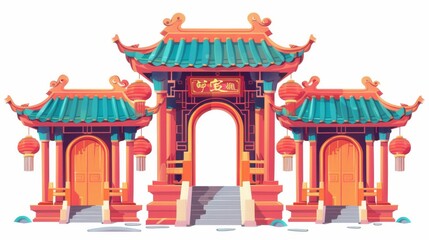 Cartoon modern illustration set of oriental building arch gates. Asian pavilion antique entrance with classic decoration.