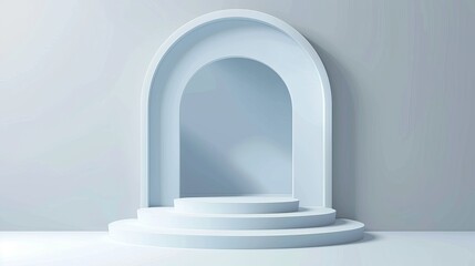 Realistic modern illustration of minimalist white platform and pedestal of round, square, hexagon and arch shapes for goods display in a window or hole in the wall.
