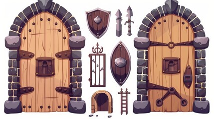 Castle or dungeon entrance with double wooden doors in form of arches and different stages of decoration. There is also an iron handle and grating for a game UI level rank concept. Animation modern - obrazy, fototapety, plakaty