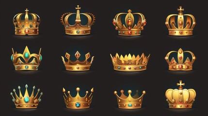An isolated golden crown set isolated on a black background. Modern illustration of a royal symbol, a piece of jewelery designed with gem stones, a medieval treasure design, a king or queen