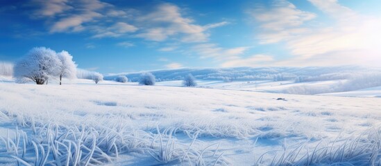 A natural landscape with a snowy field, trees in the background, and the sun shining through the clouds, creating a picturesque winter scene