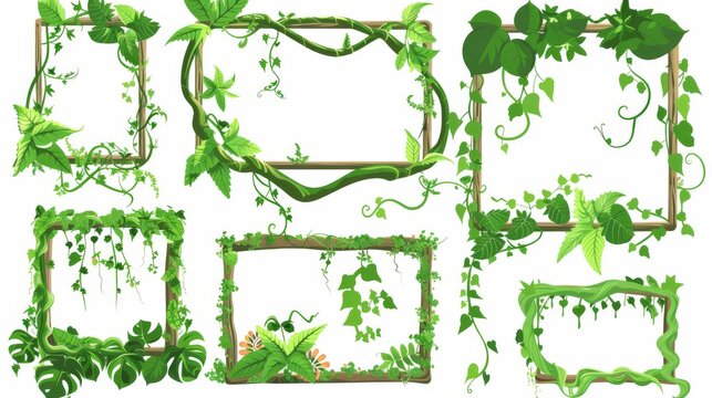 Liliana vine frames with flowers and leaves. Cartoon modern set of jungle plant borders. Flying rain forest tree foliage in rectangular boxes.