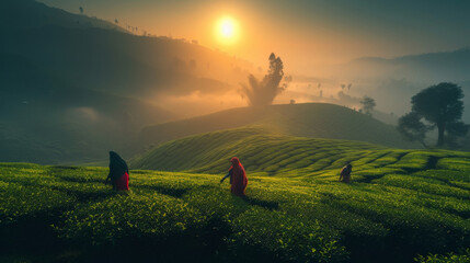 Indian women picking tea leaves in tea garden. Local women delicately picking fresh tea leaves in the lush greenery of a tea plantation, with a misty background. - obrazy, fototapety, plakaty