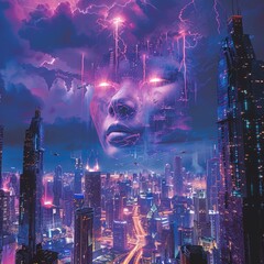Future cityscape under purple thunder Woman fusion with renewable energy