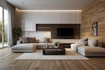 Scandinavian interior design, featuring a white living room with a sofa and a summer landscape through the window.