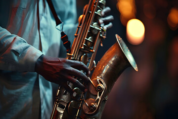 Vintage Jazz: Saxophonist Performance, A nostalgic portrayal of a black man playing the saxophone,...