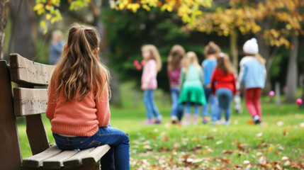 A young teenager sits contemplatively on a park bench, feeling isolated with blurred figures in the background during a sunny summer day. bullying among teenagers