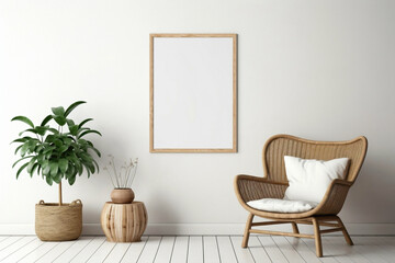 Experience the boho atmosphere of a modern living space adorned with a wicker chair, floor vases, and a blank mockup poster frame on a crisp white wall. - obrazy, fototapety, plakaty