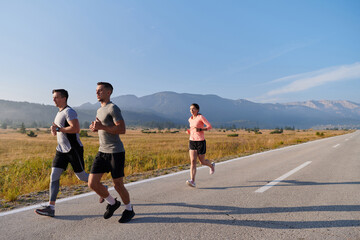 Fototapeta premium A group of friends maintains a healthy lifestyle by running outdoors on a sunny day, bonding over fitness and enjoying the energizing effects of exercise and nature