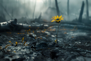 Überlebenskampf: Biene auf der letzten Blume in einer postapokalyptischen, dystopischen Umgebung