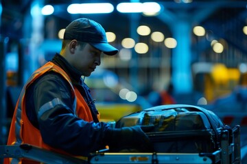 Airline Baggage Handler Working, An airline baggage handler efficiently managing luggage loading and unloading operations at the airport.