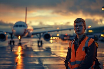 Fototapeta premium Airline Baggage Handler Working, An airline baggage handler efficiently managing luggage loading and unloading operations at the airport.