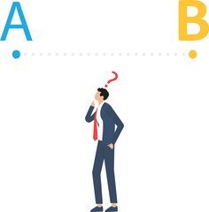 Businessman looking at a line between a to b on a wall, business solution searching challenge concept


