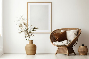 Experience the boho atmosphere of a modern living space adorned with a wicker chair, floor vases,...