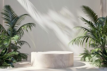 Fototapeta na wymiar Tropical Style Cylindrical Podium, An empty cylindrical podium exuding tropical vibes, perfect for showcasing products or presentations with a touch of exotic charm