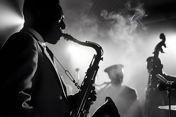 Vintage Jazz: Saxophonist Performance, A nostalgic portrayal of a black man playing the saxophone, evoking the timeless charm of vintage jazz. - obrazy, fototapety, plakaty