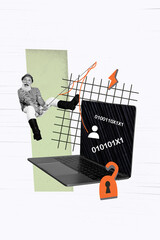 Vertical creative collage poster computer cybersecurity retire man fishing catch user password data...
