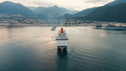 Igoumenitsa, Greece. Large ferry moored for unloading at the port of Igoumenitsa, Aerial View