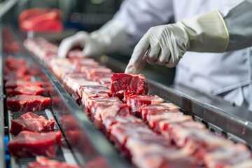 Close-up of meat industry worker gathering packaged premium meat on a conveyor belt in factory.