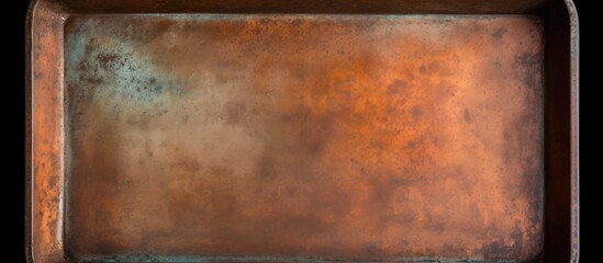 A closeup of a weathered baking tray with rust on a black background, showcasing a mix of brown hues and amber tints resembling a hardwood flooring pattern