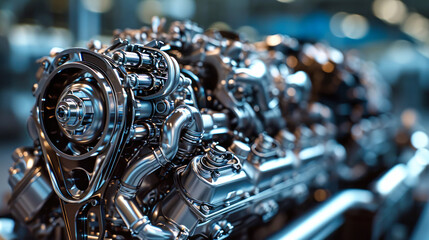 Detailed view of a modern engine being produced at a factory, showcasing intricate design and high-tech elements