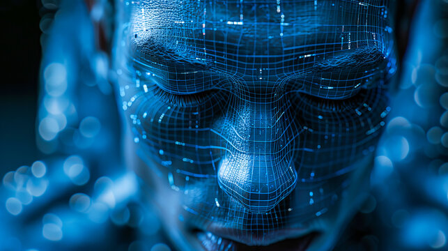 A digital wireframe grid maps the contours of a human face, highlighted by a cool blue hue, invoking a digital era aesthetic.