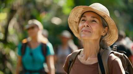 Eco tourism, long life and healthy lifestyle. Elderly woman hiking in rainforest with group of tourists.