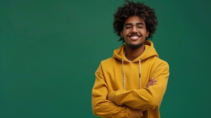 A person in casual wear standing casually with a friendly smile against a modern green background - obrazy, fototapety, plakaty