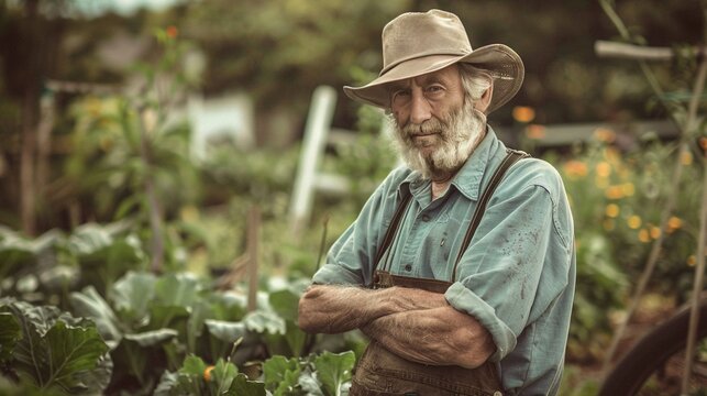 A serene elderly gentleman standing proudly in his bountiful vegetable garden, vintage photo