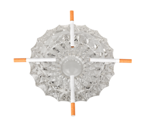 Old cigarette ashtray in glass on a white background
