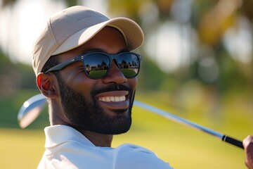African American golfer wearing sunglasses and a cap while playing on the green. Happy adult man with a golf club