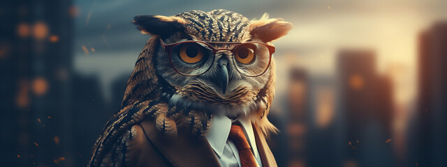 An owls close-up under the daylight sophisticated in sleek sunglasses - obrazy, fototapety, plakaty