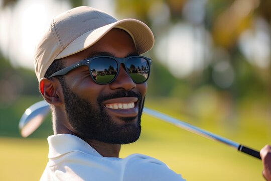 African American golfer wearing sunglasses and a cap while playing on the green. Happy adult man with a golf club