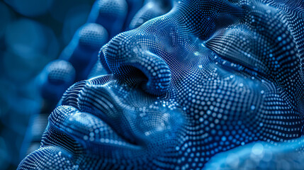 An abstract digital sculpture with a blue mesh pattern creates a mesmerizing cybernetic texture.