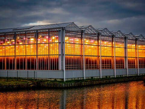 Glaring sunset behind a colossal greenhouse reflects on waterfront