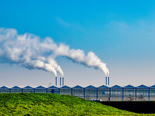 Industrial smokestacks tower over a greenhouse complex under a clear blue sky.