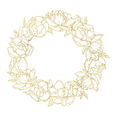 Wreath of luxury peonies flowers. Trendy botanical element. Wedding elegant wildflowers for invitation save the date card. Hand drawn illustration golden flowers on transparent background 