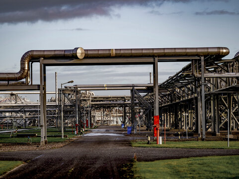 Complex maze of industrial pipes against a moody sky