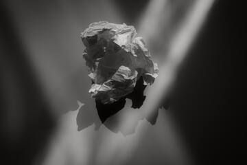 A crumpled piece of paper suspended in a void, with light casting dramatic shadows