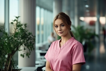 Female nurse in hospital corridor in a pink medical uniform