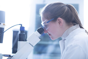 Scientist examining samples under a microscope in a laboratory.