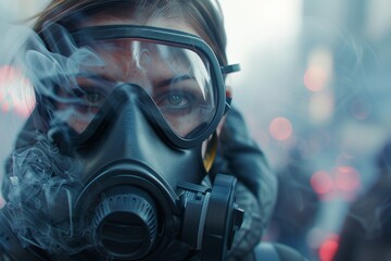 Close-up of the face of a person wearing an oxygen machine walking on the street. And there is smog environmental pollution concept - obrazy, fototapety, plakaty