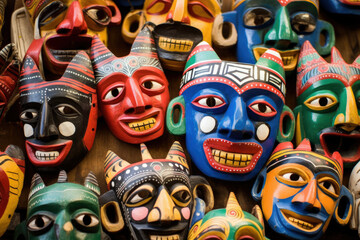 Typical wooden masks in Kathmandu in Nepal. The masks are traditionally worn at the Mani Rimdu festival to drive out demons and reward believers.