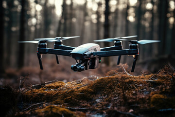 Flying drone with mountain and forest background.