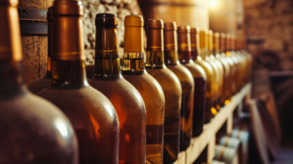 Row of Wine Bottles Aligned on Cellar Shelf